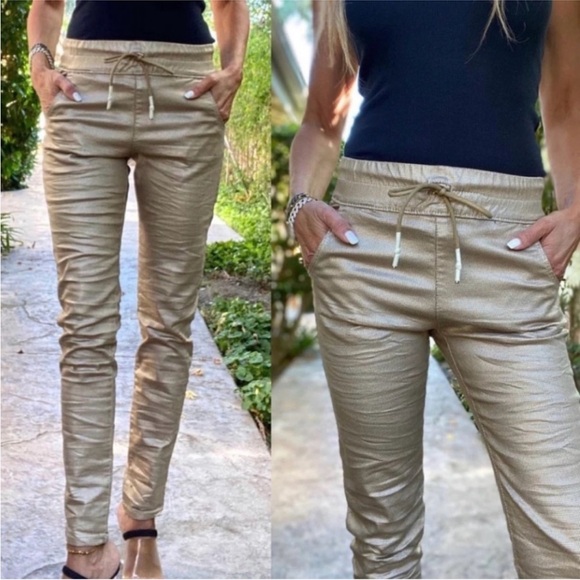 Bevy Flog Shely Gold Metallic Leopard Print Jogger Pants - Picture 1 of 7